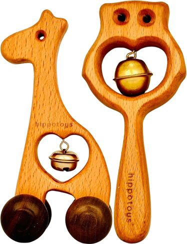 HippoToys Organic Wooden Baby Rattle Toys, 0-12 Months, Montessori Infant Essentials, Baby Sensory Toys, Eco-Friendly Natural Wood, 6 Month Old Teether Toy, Durable Gifts for Baby Boys & Girls in Saudi Arabia