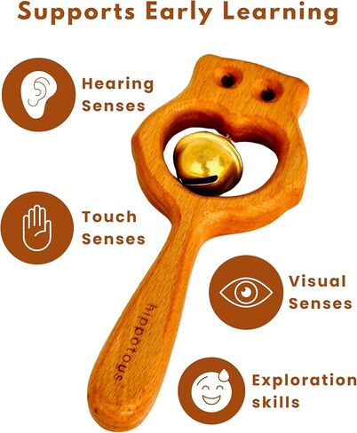 HippoToys Organic Wooden Baby Rattle Toys, 0-12 Months, Montessori Infant Essentials, Baby Sensory Toys, Eco-Friendly Natural Wood, 6 Month Old Teether Toy, Durable Gifts for Baby Boys & Girls in Saudi Arabia