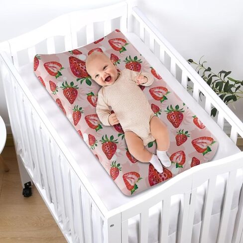 Cute Red Strawberry Print Diaper Changing Pad Covers Sofy Cozy Breathable Change Table Sheets Kawaii Fruits Theme for Baby Boys and Girls Fit 32"X16"Contoured Pad in Saudi Arabia