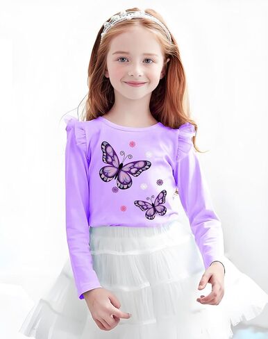 Girls Ruffle Long Sleeve Shirts Soft Crewneck Cute Butterfly Shirt Wild Like My Curls T-Shirts Pink Cotton Tee 2-7 Years in Kuwait
