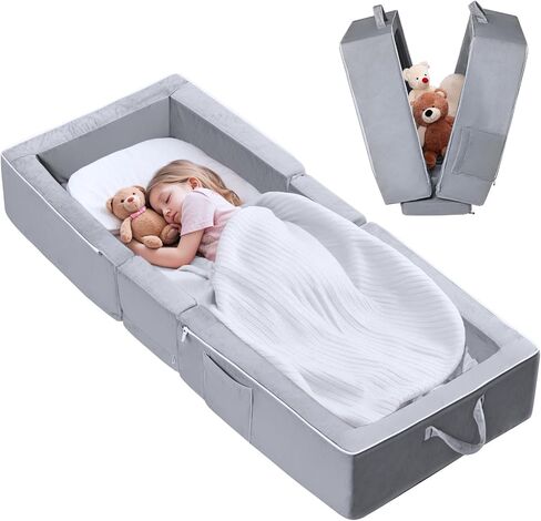 REAWUL Portable Folding Toddler Travel Bed,Kids Floor Bed, Washable Cover for Toddlers and Child,Grey in Saudi Arabia