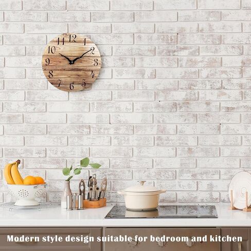 Plumeet 10'' Wooden Wall Clock Small Frameless Clocks with Silent Quartz Movement - Modern Style Village Wall Clocks Decorative Home Kitchen - Battery Operated (White) in Kuwait