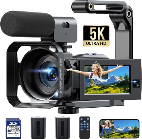 5K Dual Lens Video Camera Camcorder, 56MP 16X Digital Zoom WiFi 3" 270° Rotatable Touch Screen YouTube Vlogging Podcast Camera Recorder with 64GB SD Card, Tripod,Remote Control,Microphone in Kuwait