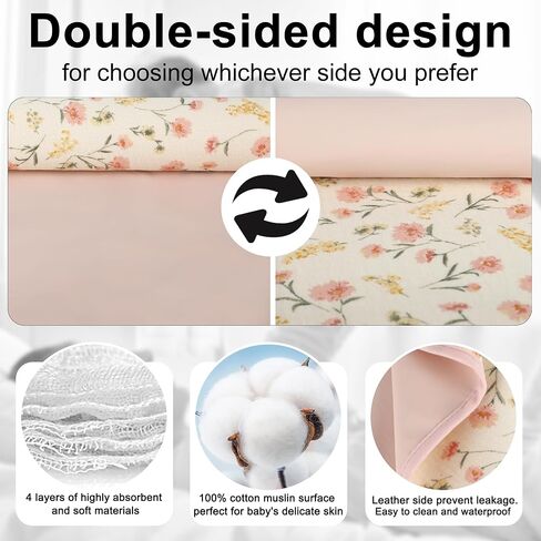 Baby Diaper Changing Pad, 19.7"x25.6" Waterproof Changing Pad Liners with 100% Muslin Cotton Front Top and Leather Back, Soft and Absorbent Portable Changing Mat for Travel, Changing Station in Kuwait