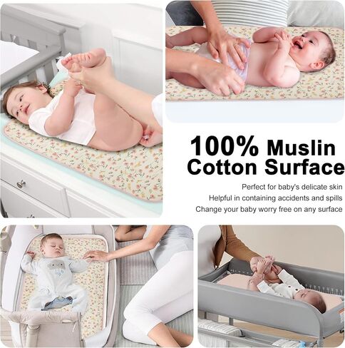 Baby Diaper Changing Pad, 19.7"x25.6" Waterproof Changing Pad Liners with 100% Muslin Cotton Front Top and Leather Back, Soft and Absorbent Portable Changing Mat for Travel, Changing Station in Kuwait