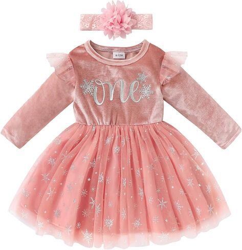 Baby Girl Birthday Dress Velvet One Year Old Snowflake Tulle Skirt with Hairband Winter Clothes in Saudi Arabia