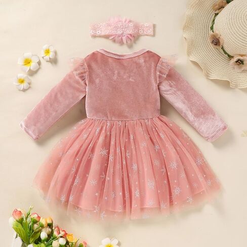 Baby Girl Birthday Dress Velvet One Year Old Snowflake Tulle Skirt with Hairband Winter Clothes in Saudi Arabia