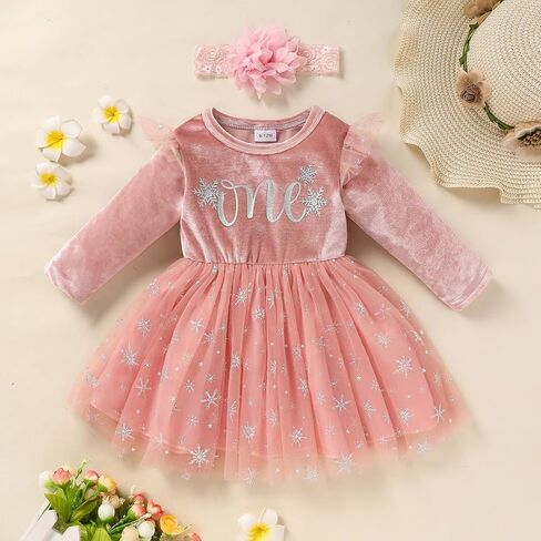 Baby Girl Birthday Dress Velvet One Year Old Snowflake Tulle Skirt with Hairband Winter Clothes in Saudi Arabia