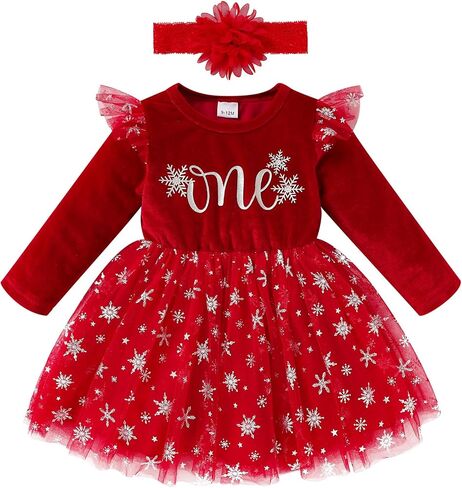 Baby Girl Birthday Dress Velvet One Year Old Snowflake Tulle Skirt with Hairband Winter Clothes in Saudi Arabia