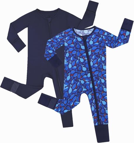 JunNeng Baby Boy Pajamas, Rayon from Bamboo Baby Sleeper with Mitts | 2 Way Zipper Romper, Fold-Over Mitts, Non-Slip for 6-18 Months, Snug&Breathable, Soft for All Seasons in Saudi Arabia