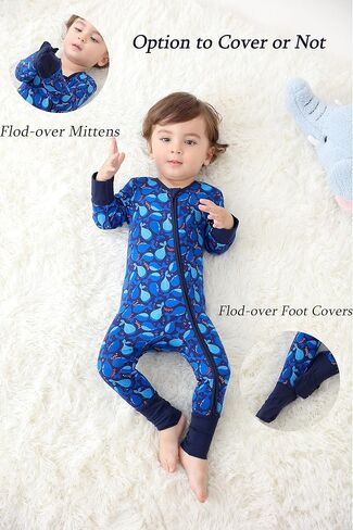JunNeng Baby Boy Pajamas, Rayon from Bamboo Baby Sleeper with Mitts | 2 Way Zipper Romper, Fold-Over Mitts, Non-Slip for 6-18 Months, Snug&Breathable, Soft for All Seasons in Saudi Arabia