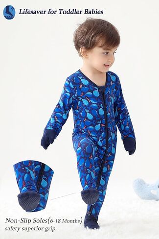 JunNeng Baby Boy Pajamas, Rayon from Bamboo Baby Sleeper with Mitts | 2 Way Zipper Romper, Fold-Over Mitts, Non-Slip for 6-18 Months, Snug&Breathable, Soft for All Seasons in Saudi Arabia