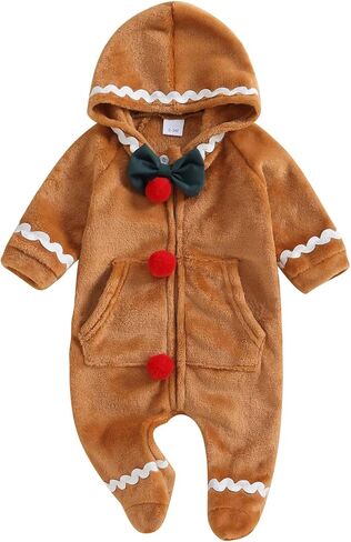 Baby Boys Girls Christmas Gingerbread Clothes Fuzzy One-piece Long Sleeve Hooded Romper Jumpsuit Cosplay Outfit in Saudi Arabia