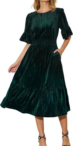 Women's Tiered Velvet Midi Dress Fall Winter Smocked High Waist Dress with Pockets Cocktail Evening Party Formal Dress in Saudi Arabia