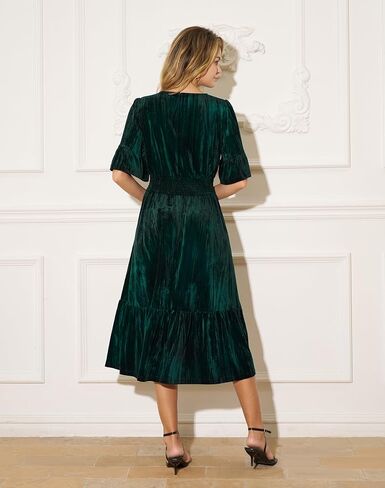 Women's Tiered Velvet Midi Dress Fall Winter Smocked High Waist Dress with Pockets Cocktail Evening Party Formal Dress in Saudi Arabia