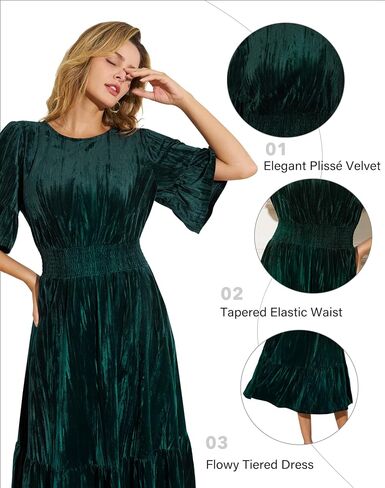Women's Tiered Velvet Midi Dress Fall Winter Smocked High Waist Dress with Pockets Cocktail Evening Party Formal Dress in Saudi Arabia