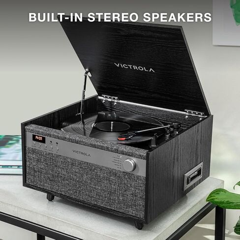 مشغل تسجيل الفينيل ومركز الموسيقى 6 في 1 من Victrola Century - قرص دوار ثلاثي السرعات، مشغل أقراص مضغوطة وكاسيت، VINYLSTREAM، بلوتوث و3.5 مم Aux، مشغل تسجيل مع مكبرات صوت، تصميم منتصف القرن، طبيعي in Kuwait