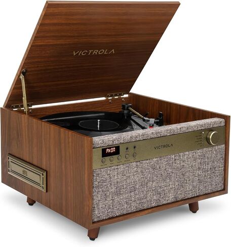 Victrola Century 6-in-1 Vinyl Record Player & Music Center - 3-Speed Turntable, CD & Cassette Player, VINYLSTREAM, Bluetooth & 3.5mm Aux, Record Player with Speakers, Mid Century Design, Natural in Saudi Arabia