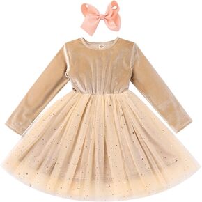 IDOPIP Toddler Baby Girls Velvet Tutu Dress Headband Outfit Long Sleeve Christmas Birthday Party Wedding Dresses Fall Clothes