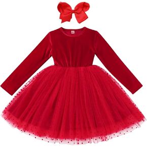 IDOPIP Toddler Baby Girls Velvet Tutu Dress Headband Outfit Long Sleeve Christmas Birthday Party Wedding Dresses Fall Clothes