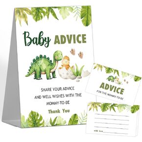 Baby Shower Advice Cards for Mommy-To-Be, 1 Standing Sign with 50 Cards, Jungle Safari Dinosaur Mommy Advice And Wishes Baby Shower Games, Gender Reveal Party Favor Decorations Supplies(MQ-8-19)