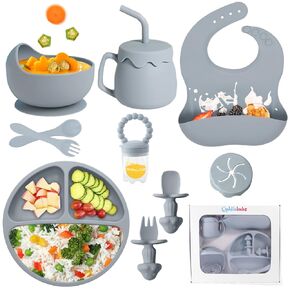 Silicone Baby Feeding Set with Suction, 10 Pcs Baby Led Weaning Supplies with Suction Bowl Divided Plate Adjustable Soft Bib Spoon Fork Snack Cup with Lid and Other Utensils (Grey Blue)