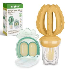 Haakaa Octopus Baby Fruit Food Feeder & Mini Freezer Nibble Tray Combo, Breastmilk Popsicle Molds for Cooling Relief, BPA Free Silicone Feeder for Safe Infant Self Feeding, 4 Month+(Pea Green)