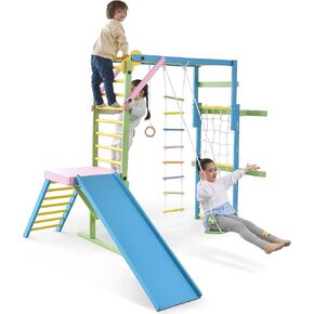 Avenlur Grove 8-in-1 Indoor Jungle Gym with Gymnastic Rings, Climbing Rope, Swing, Slide, Monkey Bars, Rope Wall Net, and Wooden and Rope Ladder - Jungle Play Set for Kids Ages 2-11 Years Old
