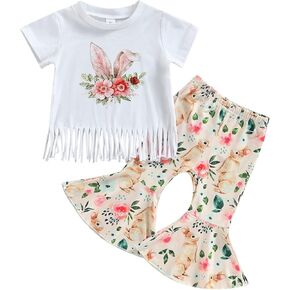 Emmababy Western Clothes Bell Bottoms Toddler Baby Girl Summer Outfit Cow Print Ruffles Tee Short Sleeve Tops Flare Pants Set