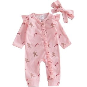 Newborn Baby Girl Christmas Ruffle Romper Knit Sweater Onesie Jumpsuit Long Sleeve Zipper Gingerbread Print Outfits