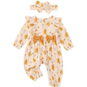 Infant Girl Candy Jumpsuit Fall Outfit Long Sleeve Ruffle Romper Gingerbread Playsuit Newborn Christmas Baby Clothes
