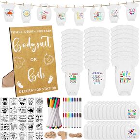201 Pcs Baby Shower Set Baby Shower Game Sign Baby Bib Bodysuit White Baby Bib Newborn Bodysuit Baby Shower White Onesie Decorating Kit(Kraft)