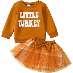 Toddler Girl Thanksgiving Outfit Little Turkey Sweatshirt+Bow Skirt Set Fall Clothes 6M-4T