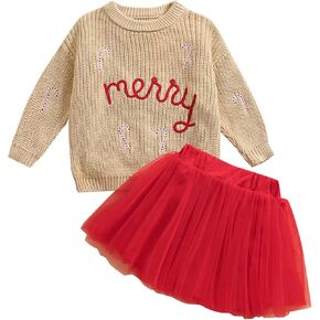 Baby Girls Christmas Outfits Merry Candy Cane Print Knit Sweater Sweatshirt Tulle Skirt Fall Winter Clothes