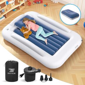 Inflatable Toddler Travel Bed - 60 Inches Portable Toddler Bed for Travel with Safety Sides - Cozy Kids Air Mattress Set with High-Speed Pump & Carry Case - Lightweight & Easy to Inflate -Blue