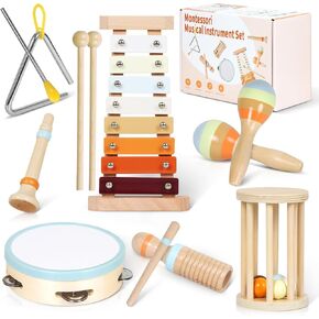 Toddler Musical Instruments - Montessori Musical Toys for Kids, Baby Musical Learning Toys, Wooden Percussion Instrument Set with Xylophone, Clarinet, Triangle, Tambourine, Gift for Ages 1-3