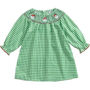 Toddler Girl Christmas Dress Frill Trim Neck Puff Sleeve Santa Embroidery A-Line Plaid Smocked Dress Vintage Dress