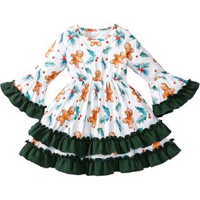Toddler Girl Christmas Outfit Gingerbread Man Flared Sleeve Ruffled Dress Candy Cane Print Kids Xmas Dresses