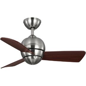 kathy ireland HOME Tilo 30 inch Brushed Steel Ceiling Fan, 4 Speed Wall Control, Damp Location Approved, 3 Curved Plywood Blades