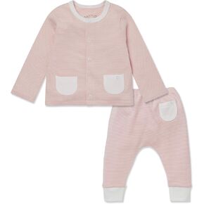 MORI Baby Yoga Pants & Cardigan Set in Blush Stripe - Comfort Unisex Trousers with Pockets and Snap Closure - 9-12 Months