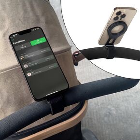 Magnetic Phone Holder for Stroller Bar, Compatible with MagSafe (Strong Magnet) - Phone Holder for Gym, Home Fitness Bikes, Shopping Cart, with Adjustable Strap, All Phone (Magnetic Ring Included)