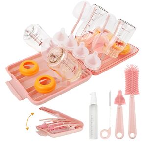 Rrwin Bottle Brush Cleaner Kit with Baby Bottle Drying Rack, Exendable Silicone Bottle Brush, Nipple Brush, Straw Brush, Soap Dispenser & Storage Box. Compact Size for Babies and Moms,Orange