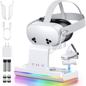 قاعدة شحن لـ Meta Quest 3S/Quest 3، محطة شحن سريعة 18 واط لـ Oculus Quest 3S/3 مع ضوء RGB، بطاريتان قابلتان لإعادة الشحن، شاحن مغناطيسي لسماعات Quest 3S/3 VR، دعم حزام النخبة in Kuwait