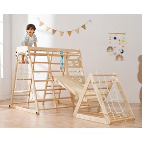 Pikler Triangle Set 7-in-1, Toddler Climbing Toys Indoor, Wooden Montessori Climbing Set with Arch&Ramp&Ladder, Indoor Gungle Gym for Kids