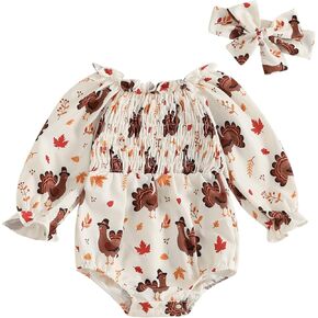 Newborn Baby Girl Thanksgiving Outfit Turkey Bubble Romper Long Sleeve Ruched Bodysuit Headband Cute Fall Clothes