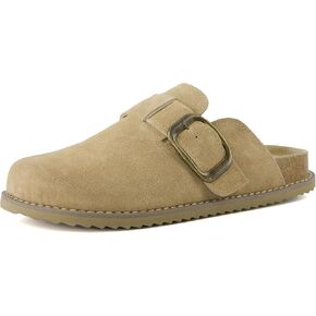 CUSHIONAIRE Women's Blain Genuine Suede Slip-On Clogs with + Memory Foam & Chic Buckle Mule - Comfortable, Non-Slip, Wide Widths Available