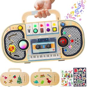 Busy Board Montessori Toys for Toddlers, Wooden Sensory Toys with LED Light, Switches, Music, Labyrinth, Adjust Volume, 2 DIY Stickers, Learning Travel Toys for 1+ Year Old