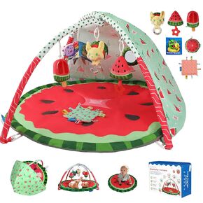 Baby Gym Play Mat, 9-in-1 Tummy Time Mat, Baby Rest Mat with Tent, 6 Detachable Sensory Toys, Washable Watermelon Activity Mat Gift for Newborn Infant 0-18 Months