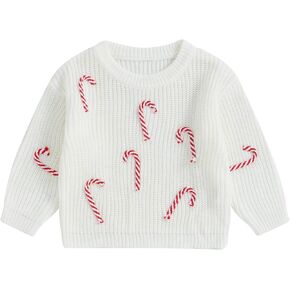 Baby Christmas Sweaters Infant Toddler Crewneck Sweatshirt Candy Cane Embroidey Knit Sweater Pullover