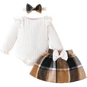 Baby Girl Fall Outfits Newborn Long Sleeve Knit Ribbed Romper Plaid Skirt Set Winter Clothes Dress Set 0-18M